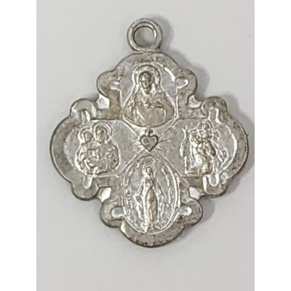 Vintage Catholic Four Way Cross‎ Medal, Solid Sterling Silver Pendant - Picture 1 of 4